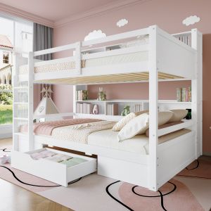 Litera 90x200cm con cajón y estantes madera – color blanco