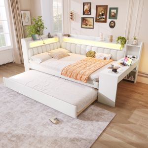 Cama nido 140x200cm con escritorio, usb y LED mdf – blanco