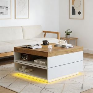 Mesa de centro giratoria con LED mdf blanco y roble 40x65x65cm
