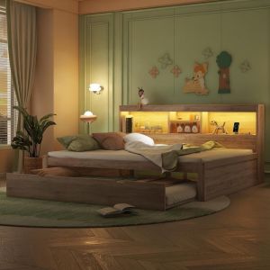 Cama abatible 140x200cm con LED y almacenaje lateral usb natural