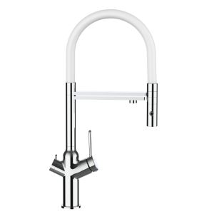 Grifo de cocina 3vías cromado caño giratorio blanco flexible ducha 2chorros