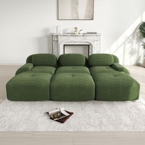 Komhtom,tres sofás, tres reposapiés,pana, verde.