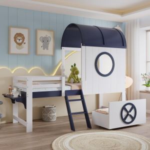 Cama elevada infantil 90x200 cm con ventana, cajón y escalera