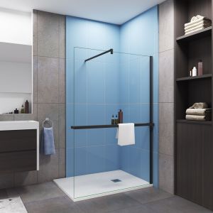 Mampara de ducha fija con estante-140x200cm-8mm antical-barra 140cm-negro