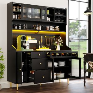 Aparador alto para cocina salón con LED y botellero negro 171x145x39cm