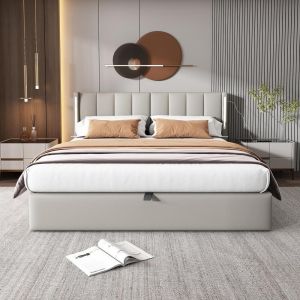Cama tapizada con almacenamiento 140x200cm gris