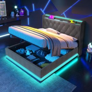 Cama doble tapizada 140x200 cm con LED 360°, cabecero usb-c, gris
