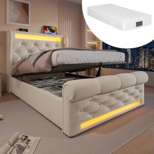 Cama individual 90x200cm, cabecero con almacenamiento, velour beige