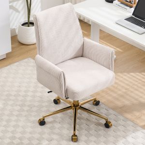 Silla de oficina giratoria de pana blanca con base dorada