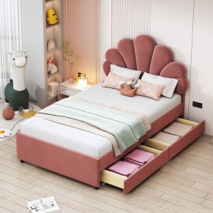 Cama tapizada 90x200cm con 2 cajones terciopelo – rosa
