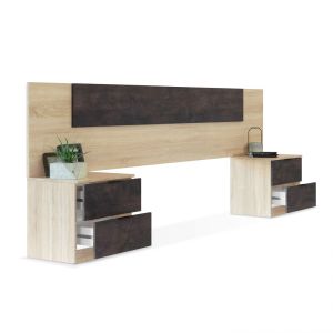 Cabecero para cama de 135-150 cm y 2 mesitas con cajones luca roble - óxido