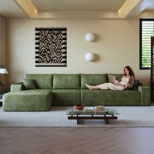 Sofá modular en l con chaise longue de tela verde 3 plazas sin montaje
