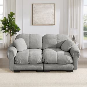Sofá modular 2 plazas chenilla gris claro con cojines acolchados
