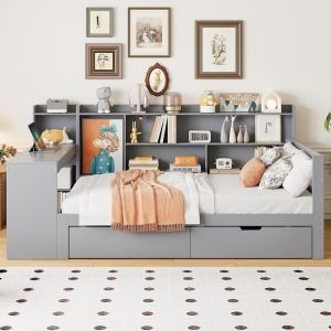 Sofá cama de madera maciza 90x200cm con escritorio y cajones gris