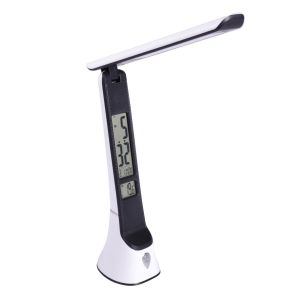 Lámpara LED con carga usb, 5w, calendario y reloj. 3 tonos, regulable.