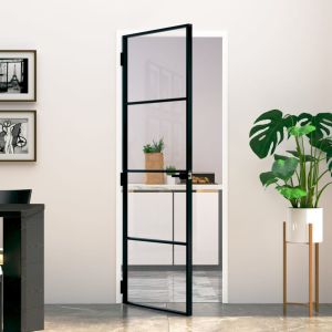 Puerta de interior vidrio templado y aluminio negro 76x201,5 cm wef5087