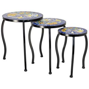 Soporte set 3 pzas de mosaico y forja azul 33x33x37h-28x28x33h-23x23x2