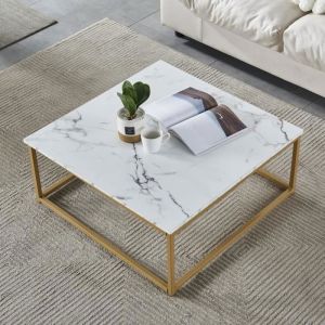 Meubles cosy - mesa de centro cuadrada escandinava metal dorado mármol