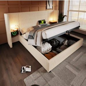 Cama con canapé 160x200cm con lámpara y carga usb pana – beige