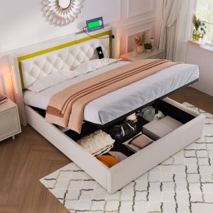 Cama tapizada 140x200cm LED almacenaje usb tipo c algodón beige con colchón