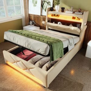 Cama tapizada 90x200cm LED usb tipo c canapé lino beige con colchón