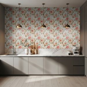 Papel floral diseño clásico rosas rosa coral verde menta 60cm por 300cm