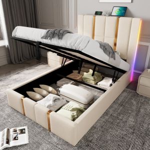 Cama tapizada 90x200cm con LED y carga usb tipo-c lino – beige