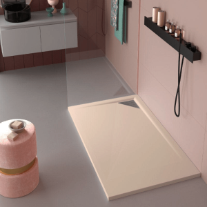 Plato de ducha resina trinity crema  70x80 cm rejilla inox a la derecha