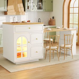 Isla de cocina extensible con 4 cajones LED blanco 93,5x122,5-195,5x59cm