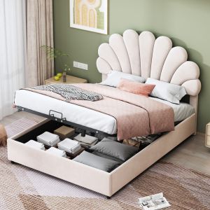 Cama tapizada 140x200cm con almacenaje hidráulico terciopelo – beige