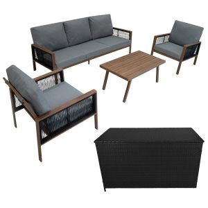 Conjunto de aluminio 5 plazas/4piezas color madera + caja ratán negro 582l
