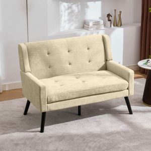 Sofá 2 plazas tapizado beige con capitoné y patas de madera
