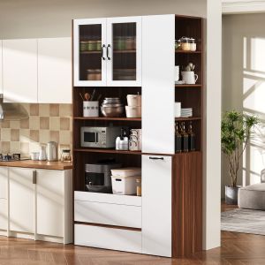 Aparador alto para cocina comedor con 2 cajones blanco y nogal 200x100x40cm
