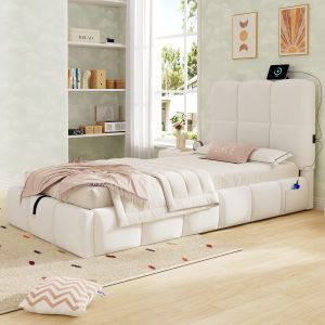 Cama tapizada 90x200 cm con almacenaje hidráulico y usb bouclé