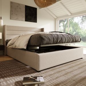 Cama tapizada 160x200cm con canapé hidráulico lino – beige