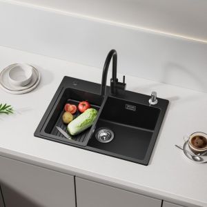 Fregadero de cocina - negro antracita - 60x45 cm - granito - mezclador gira