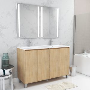 Mueble baño 120 cm roble claro 4 puertas + lavabo + 2 espejos LED