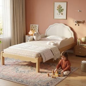 Cama infantil 90x200cm, cabecero acolchado, barrera lateral beige