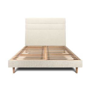 Cama 135x190 cm con cabecero en línea - tejido lienzo mate - beige claro