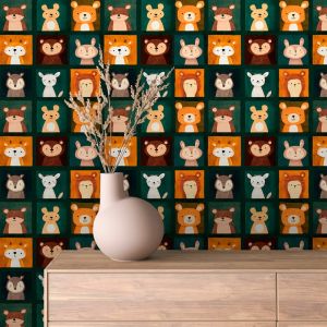 Papel pintado baby bosque animales en recuadros verde 60cm por 300cm