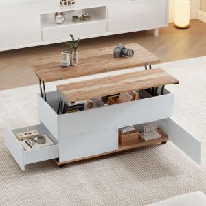 Mesa de centro elevable con ruedas blanco y madera natural 65x100x98cm