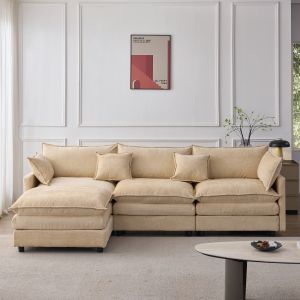 Sofá chaise longue modular chenilla café claro 3 plazas otomana cojines
