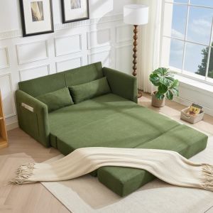 Sofá cama plegable 2 plazas pana verde con cojines y bolsillos