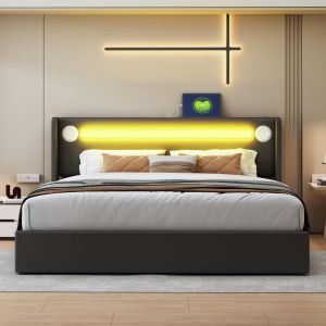 Cama 160x200cm con bluetooth, 2 puertos usb, LED y almacenaje negro