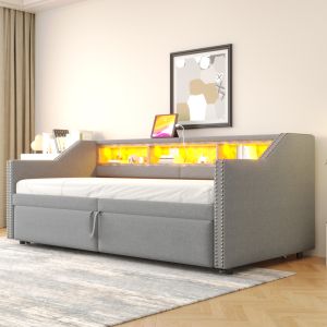 Sofá cama 90/180x200cm extensible LED usb almacenaje tela gris claro