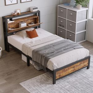 Cama metálica 90x200cm con cabecero con almacenaje metal y mdf – natural