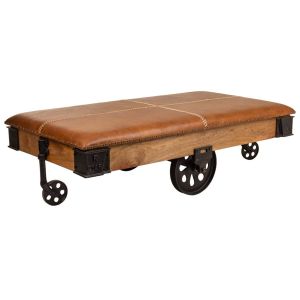 Mesa de centro de madera, metal y piel marrón 165x90x52