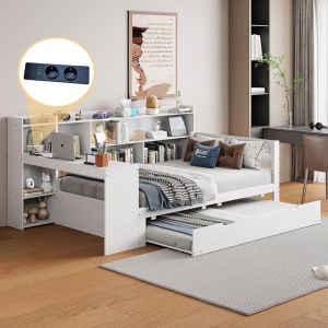 Canapé abatible 90x200cm con escritorio estantes cajones blanco
