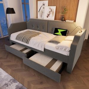 Cama con 2 cajones, lámpara de lectura usb-c, 90x200cm, gris