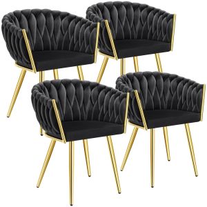 4 sillas de comedor, terciopelo y anudado, 60,5x55x75 cm, negro/oro